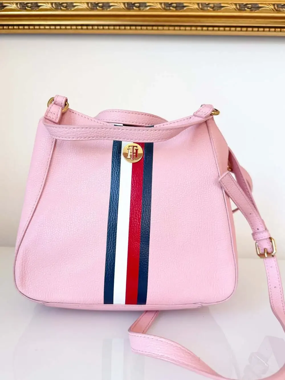 Tommy Hilfiger Pink Pebbled Leather Signature Stripe Crossbody Handbag